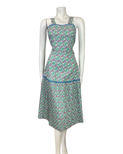 VINTAGE 60s 70s GREEN BLUE RED LEAFY FLOWER BERRY PLEATED APRON SUN DRESS 8