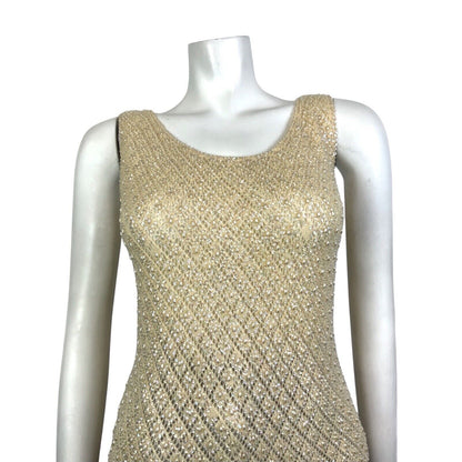 VINTAGE 70s CREAM IRIDESCENT PEARL SEQUIN BEADED TASSELED KNITTED TOP 8 10