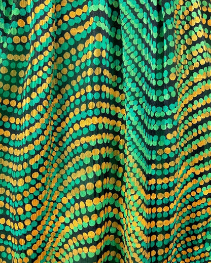 VINTAGE 60s 70s GREEN GOLD BLACK PSYCHEDELIC WAVY DOTTY SWING DRESS 10