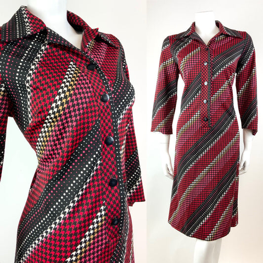 VINTAGE 60s 70s BLACK RED PINK WHITE GEOMETRIC HOUNDSTOOTH DAGGER SHIRT 14 16
