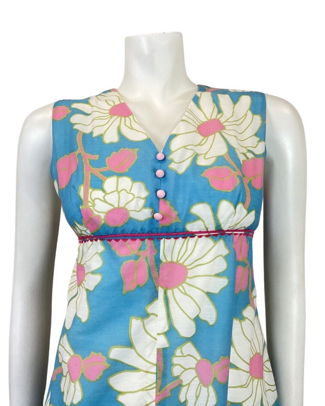 VINTAGE 60s 70s BLUE PINK WHITE DAISY FLOWER EMPIRE LINE MOD DRESS 10 12