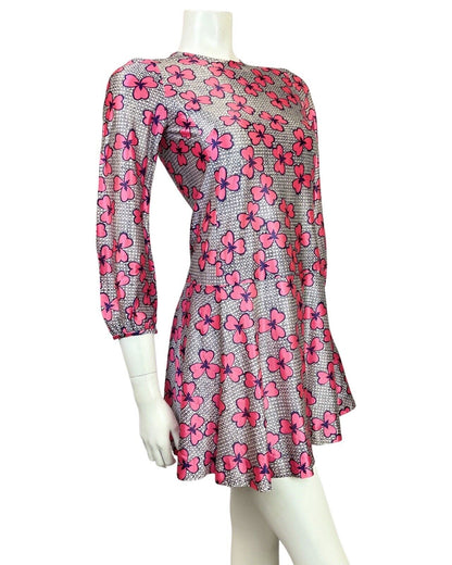VINTAGE 60s STYLE 90s WHITE BLUE PINK GEOMETRIC FLORAL MOD DROP-WAIST DRESS 4