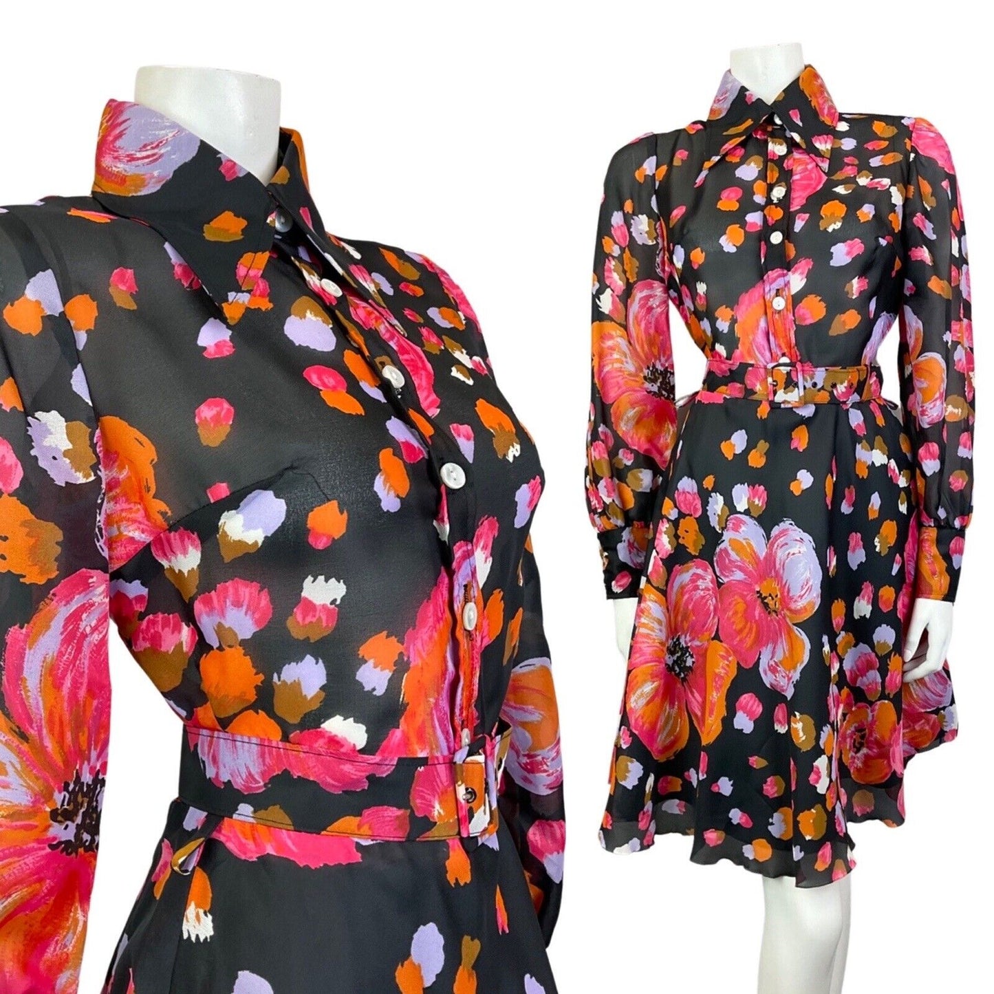 VINTAGE 60s 70s BLACK PINK LILAC FLORAL DAGGER COLLAR SWING SHIRT DRESS 8 10
