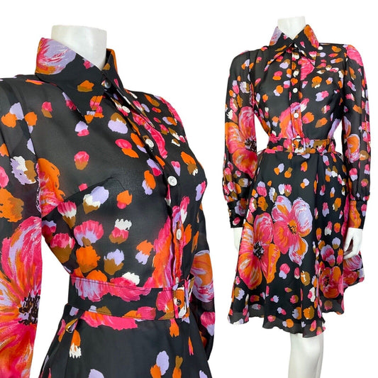 VINTAGE 60s 70s BLACK PINK LILAC FLORAL DAGGER COLLAR SWING SHIRT DRESS 8 10