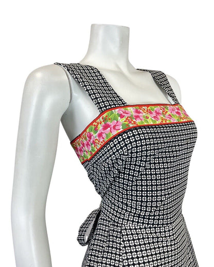 VINTAGE 70s BLACK WHITE RED GEOMETRIC FLORAL SLEEVELESS APRON SUMMER DRESS 8