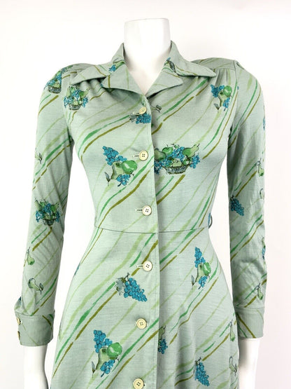 VTG 60s 70s GREEN BLUE YELLOW STRIPED FRUIT GRAPES MOD DAGGER SHIRT DRESS 8 10