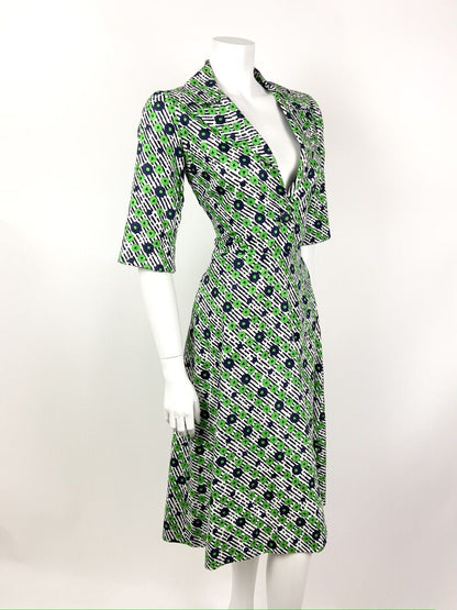 VINTAGE 60s 70s NAVY BLUE GREEN STRIPED FLORAL PLUNGING MOD SHIRT DRESS 12