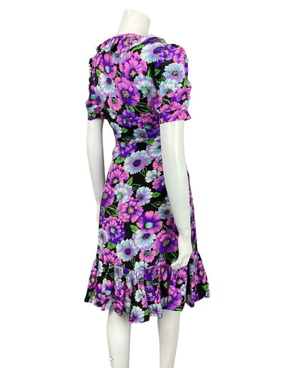 VINTAGE 60s 70s PURPLE BLUE BLACK PINK FLORAL RUFFLE SWING DRESS 14 16