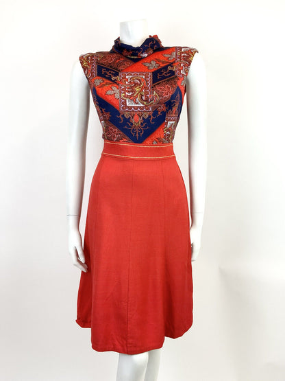 VINTAGE 60s 70s RED BLUE FLORAL BAROQUE TURTLENECK SLEEVELESS MOD DRESS 10