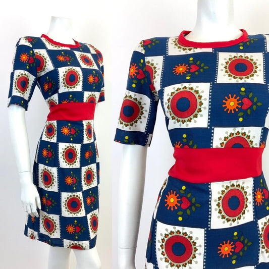 VINTAGE 60s 70s BLUE WHITE RED CHECKERBOARD HEART FLORAL MOD SHIFT DRESS 10 12