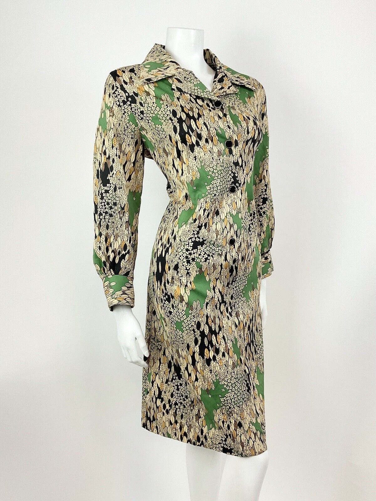 VTG 60s 70s CREAM GREEN BLACK FLORAL LEAFY PSYCHEDELIC DAGGER SHIRT DRESS 16 18