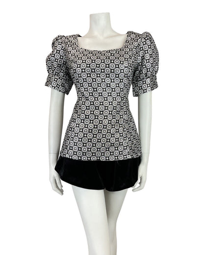 VINTAGE 60s 70s SILVER BLACK GEOMETRIC DISCO STUDIO 54 LUREX BLOUSE 14 16