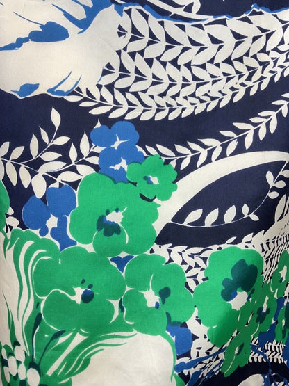 VINTAGE 60s 70s BLUE GREEN WHITE FLORAL VINE LEAFY SLEEVELESS DRESS 12