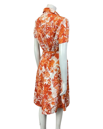 VINTAGE 60s 70s ORANGE RED WHITE FLORAL PSYCHEDELIC BELTED SHIRT DRESS 12 14