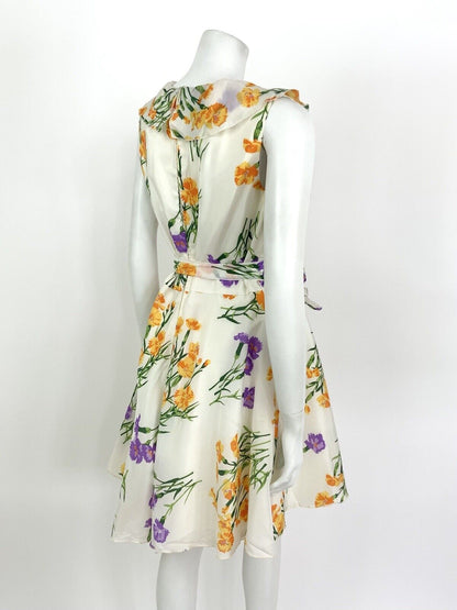 VINTAGE 60s 70s WHITE ORANGE PURPLE GREEN FLORAL FLOATY RUFFLE SHEER DRESS 10 12
