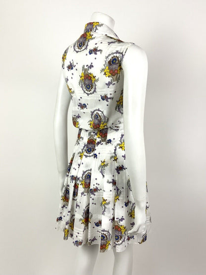 VINTAGE 60s 70s WHITE BROWN YELLOW PLAID FLORAL SPOON COLLAR SHIRT DRESS 12 14