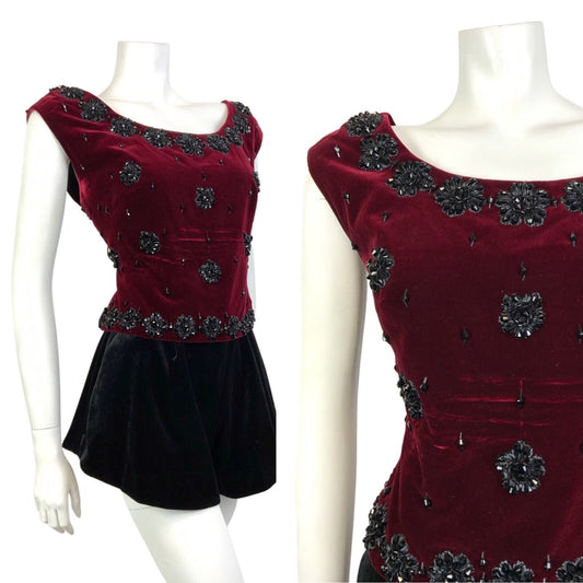 VINTAGE 60s 70s WINE RED BLACK GEM BEADED FLORAL DECO GLAM SLEEVELESS TOP 12