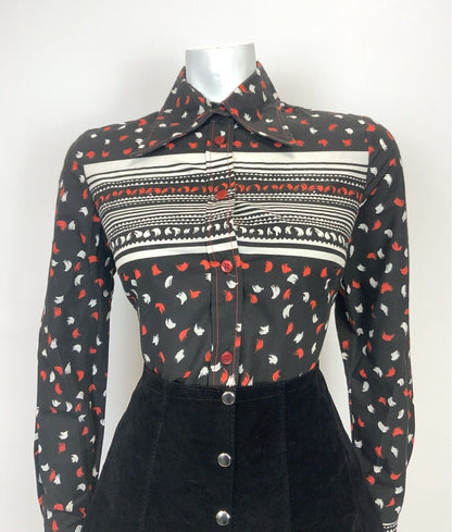 VINTAGE 60s 70s BLACK RED WHITE STRIPED DASH MOD DAGGER COLLAR SHIRT 12 14