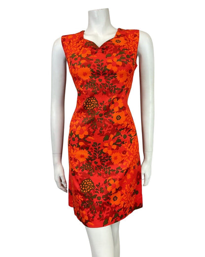 VINTAGE 60s 70s RED ORANGE GREEN PSYCHEDELIC FLORAL MOD SLEEVELESS DRESS 10