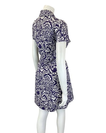 VINTAGE 60s 70s PURPLE WHITE PSYCHEDELIC FLORAL PAISLEY MOD SHORT SHIRT DRESS 12