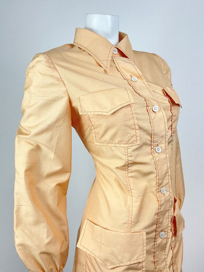 VINTAGE 60s 70s PEACH ORANGE MOD LONGSLEEVE DAGGER COLLAR SHIRT DRESS 10 12