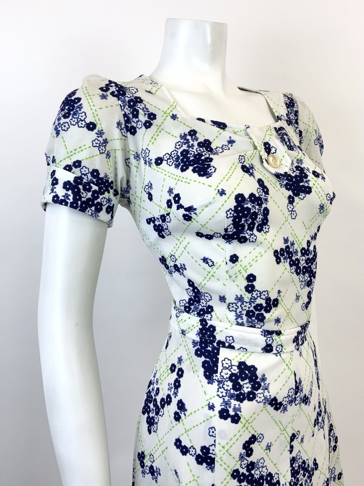 VINTAGE 60s 70s WHITE GREEN BLUE CHECKED FLORAL DITSY PUFF SLEEVE DRESS 12 14