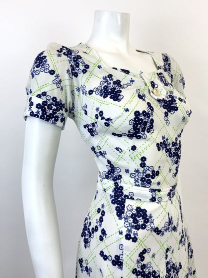 VINTAGE 60s 70s WHITE GREEN BLUE CHECKED FLORAL DITSY PUFF SLEEVE DRESS 12 14