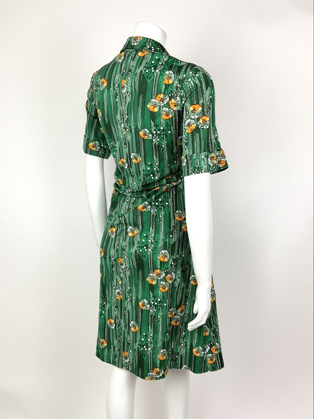 VINTAGE 60s 70s GREEN WHITE ORANGE STRIPED FLORAL DAGGER SHIRT DRESS 14 16