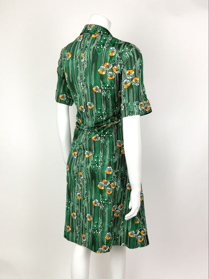 VINTAGE 60s 70s GREEN WHITE ORANGE STRIPED FLORAL DAGGER SHIRT DRESS 14 16