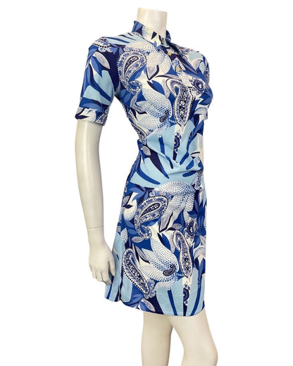 VINTAGE 60s 70s BLUE NAVY WHITE PSYCHEDELIC FLORAL PAISLEY MOD SHIRT DRESS 10 12