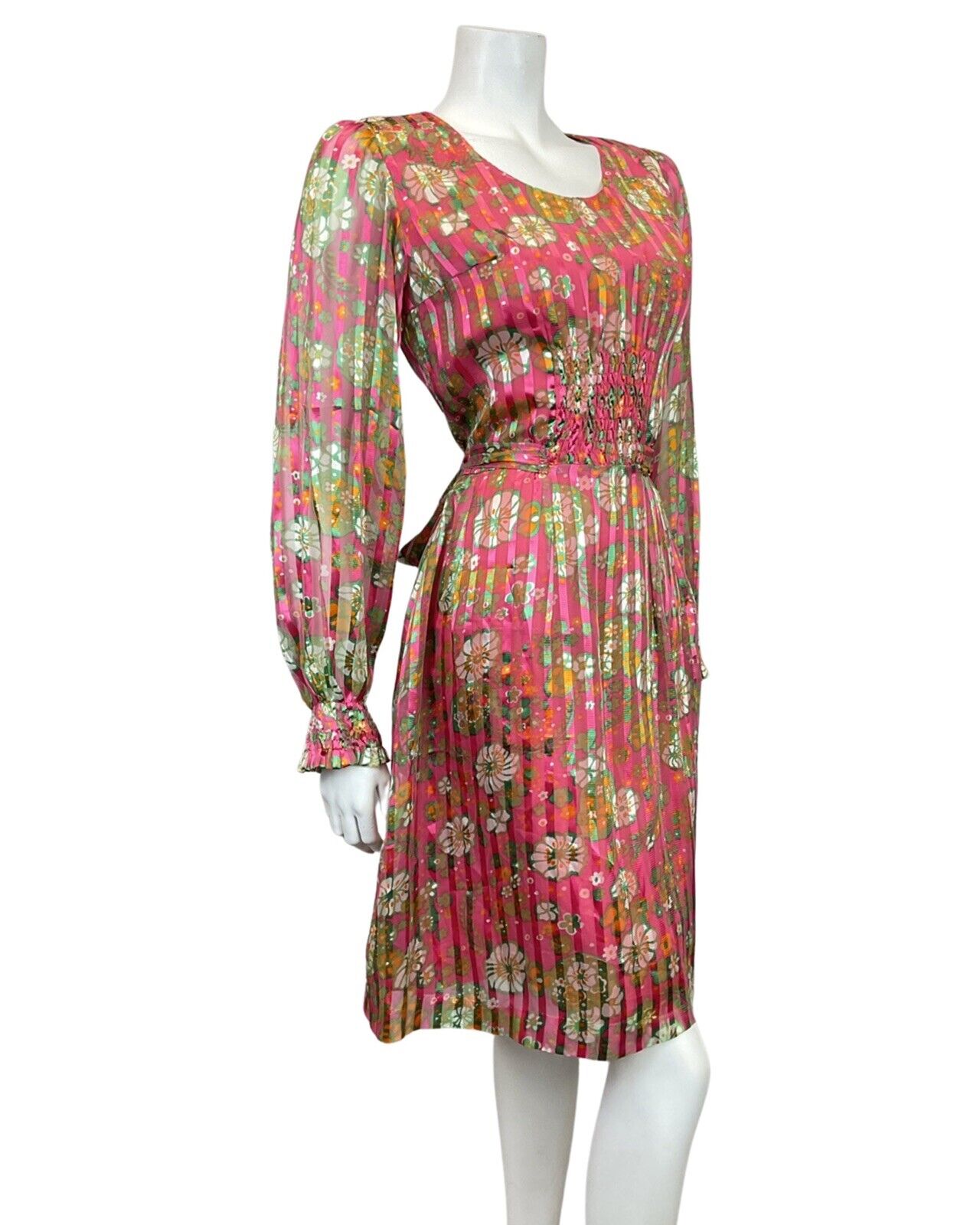 VINTAGE 60s 70s FUCHSIA PINK GREEN WHITE FLORAL STRIPED SHEER MOD DRESS 10 12