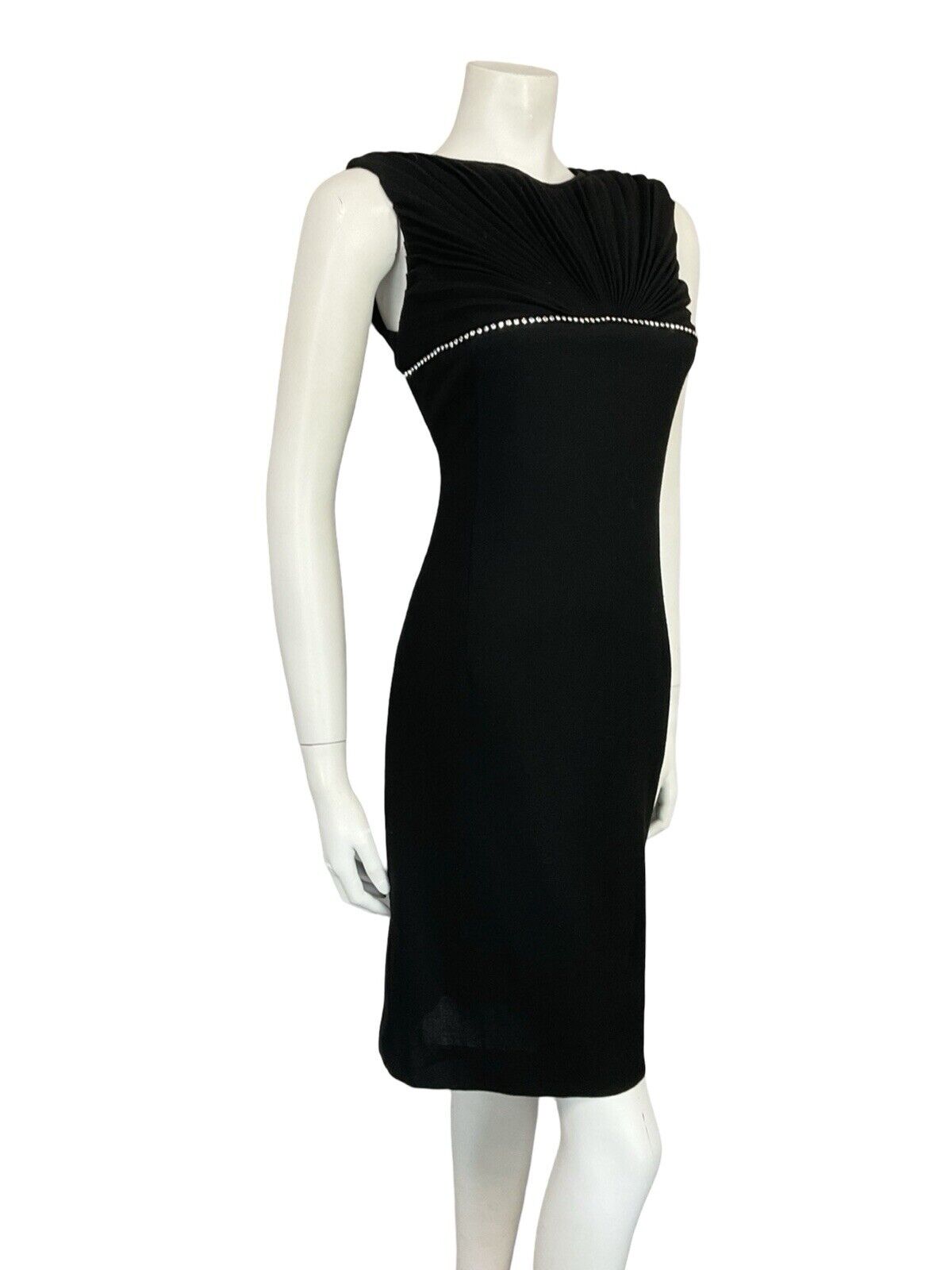 VTG 60S BLACK MOD WOOL DIAMANTE FAN PLEATED SLEEVELESS PARTY MINI DRESS 10