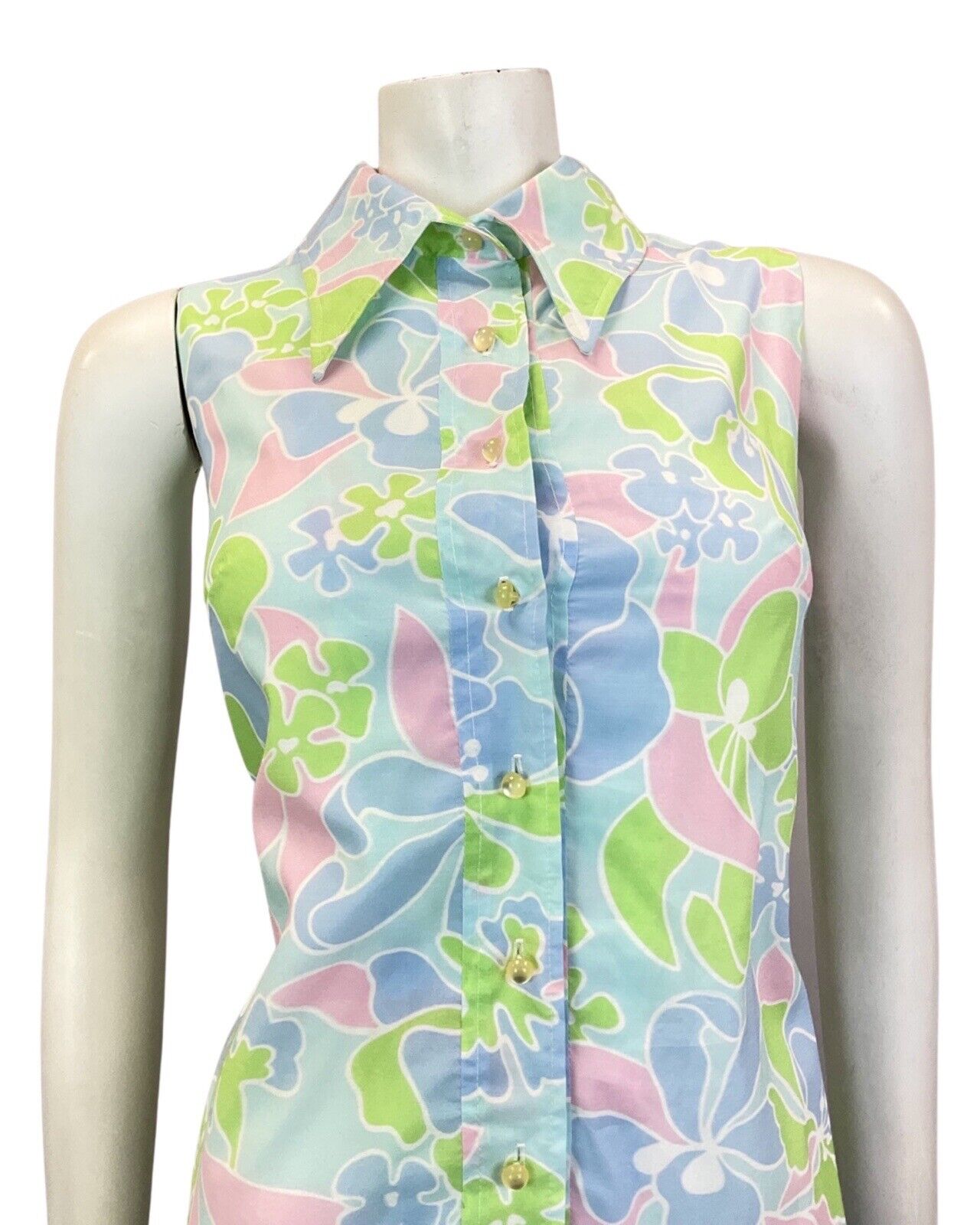 VTG 60s 70s BLUE GREEN PINK FLORAL DROP-WAIST PLEATED DAGGER SHIRT DRESS 10 12