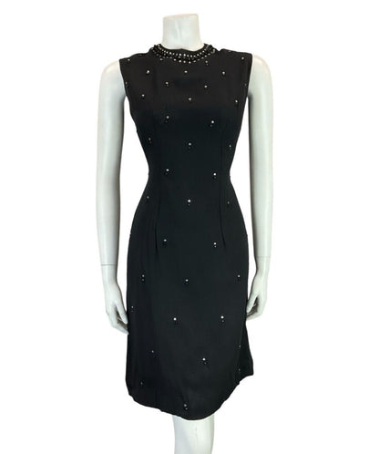 VTG 60S MOD BLACK DIAMANTE SLEEVELESS BEADED BLACK PARTY EVENING DRESS 12