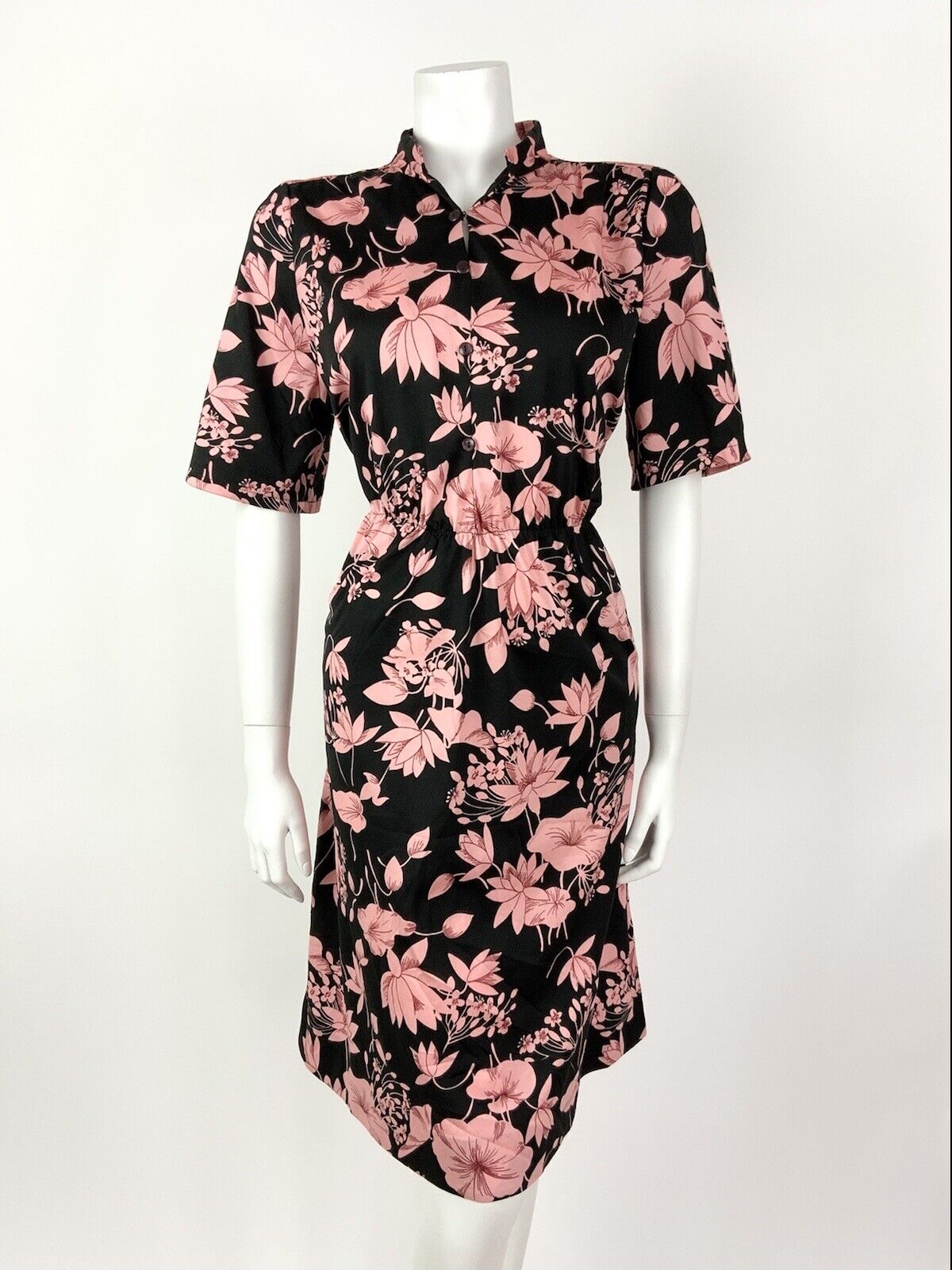 VTG 60s 70s BLACK BABY PINK RED FLORAL MANDARIN COLLAR BLOUSON SHIRT DRESS 12 14