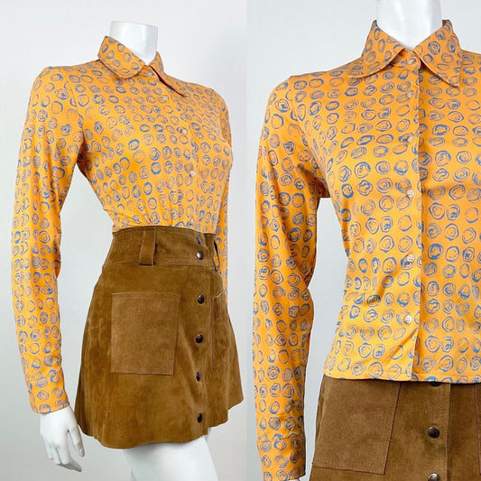 VINTAGE 60s 70s ORANGE BLUE PSYCHEDELIC CIRCLE DOTTY DAGGER SHIRT BLOUSE 8 10