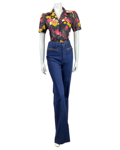 VINTAGE 60s 70s BLACK PINK YELLOW FLORAL MOD SHORT SLEEVE DAGGER SHIRT 10 12
