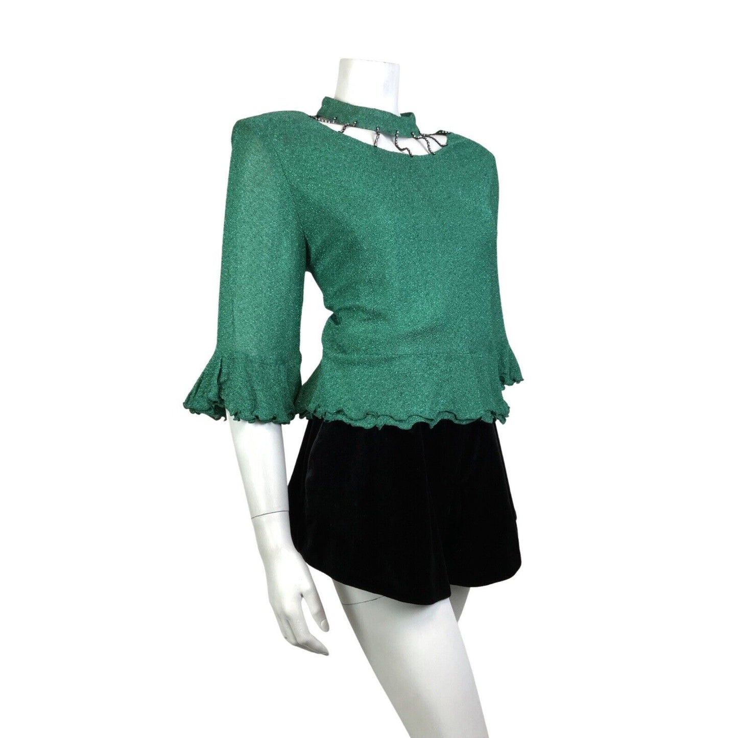 VINTAGE 60s 70s METALLIC GREEN DIAMANTE CUT-OUT RUFFLED DISCO PARTY TOP 16