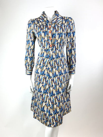 VINTAGE 60s 70s BLUE WHITE ORANGE GEOMETRIC DAISY FLOWER MOD SHIRT DRESS 12