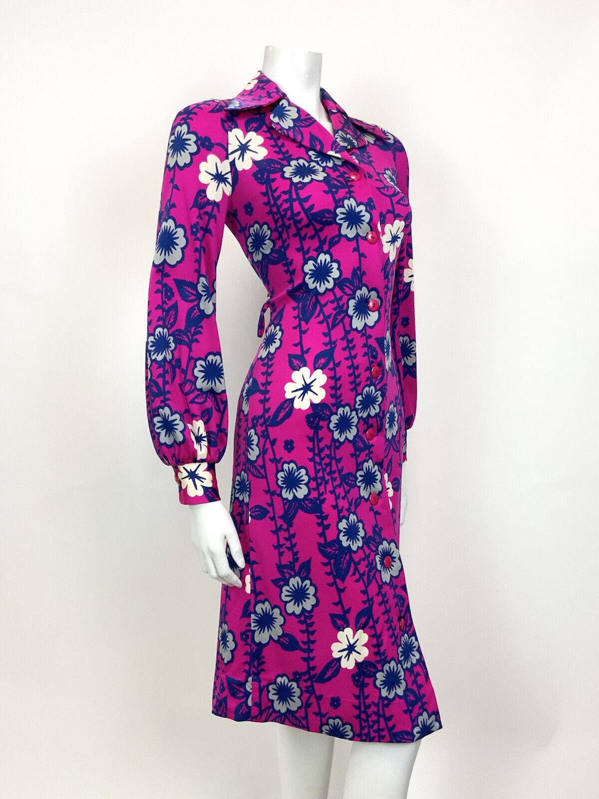 VINTAGE 70s NEON PINK BLUE WHITE PSYCHEDELIC FLORAL DAGGER SHIRT SWING DRESS 8