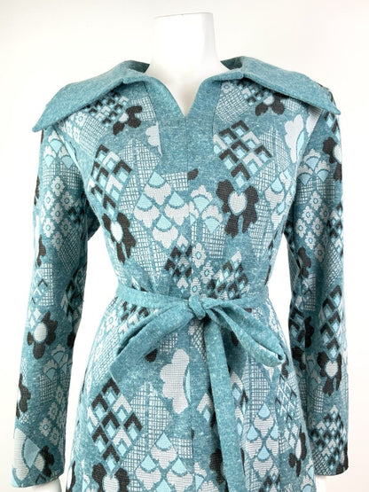 VINTAGE 60s 70s BLUE BLACK WHITE DAISY GEOMETRIC PSYCHEDELIC DAGGER DRESS 14 16