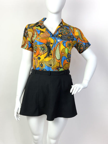 VTG 60s 70s YELLOW BLUE ORANGE PSYCHEDELIC FLORAL PAISLEY DAGGER SHIRT BLOUSE 16