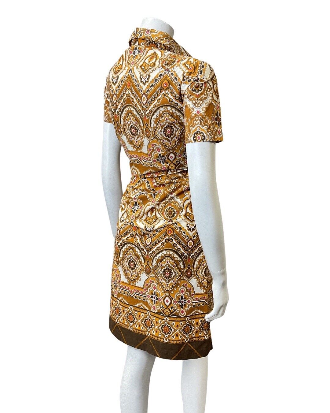 VINTAGE 60s 70s BROWN YELLOW WHITE FLORAL MANDALA BOHO MOD SHIRT DRESS 10