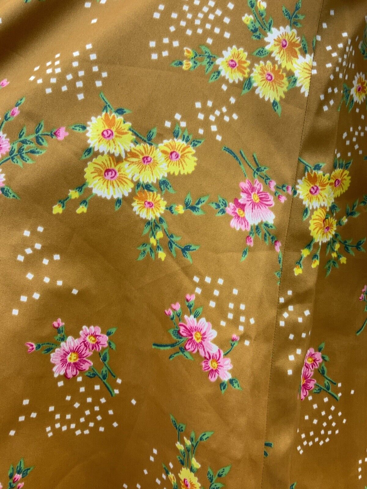 VTG 60s 70s GOLDEN BROWN  TAN GREEN PINK FLORAL DOTTY PUFF SLEEVE TEA DRESS 10