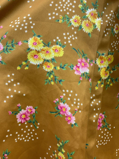 VTG 60s 70s GOLDEN BROWN  TAN GREEN PINK FLORAL DOTTY PUFF SLEEVE TEA DRESS 10