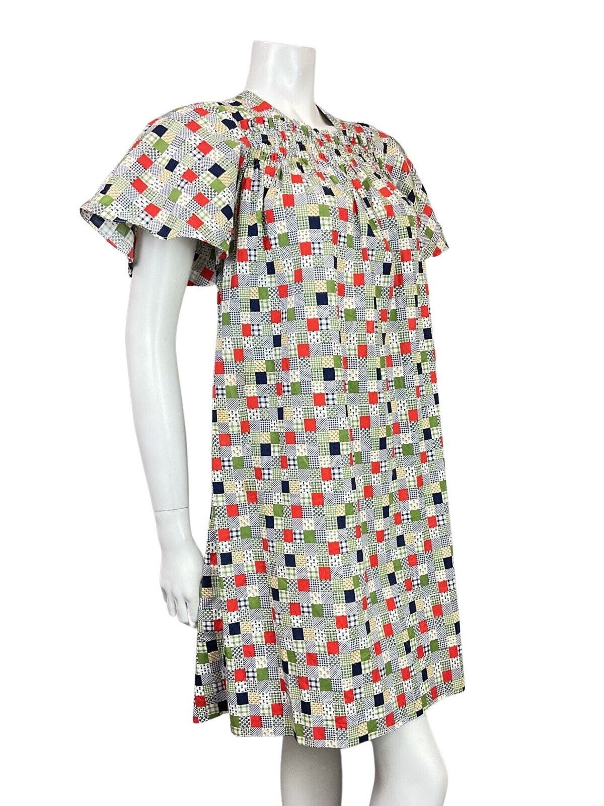 VINTAGE 60s 70s WHITE BLUE GREEN PATCHWORK FLORAL GINGHAM TENT A-LINE DRESS 6 8