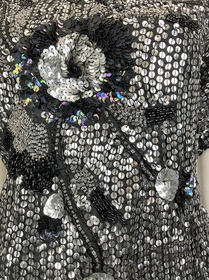 VINTAGE 70s 80s SILVER BLACK SEQUIN BEADED FLORAL DISCO GLAM PARTY TOP 14 16