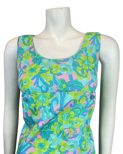 VINTAGE 60s 70s BLUE GREEN PINK PSYCHEDELIC SUMMER PINAFORE A-LINE DRESS 8