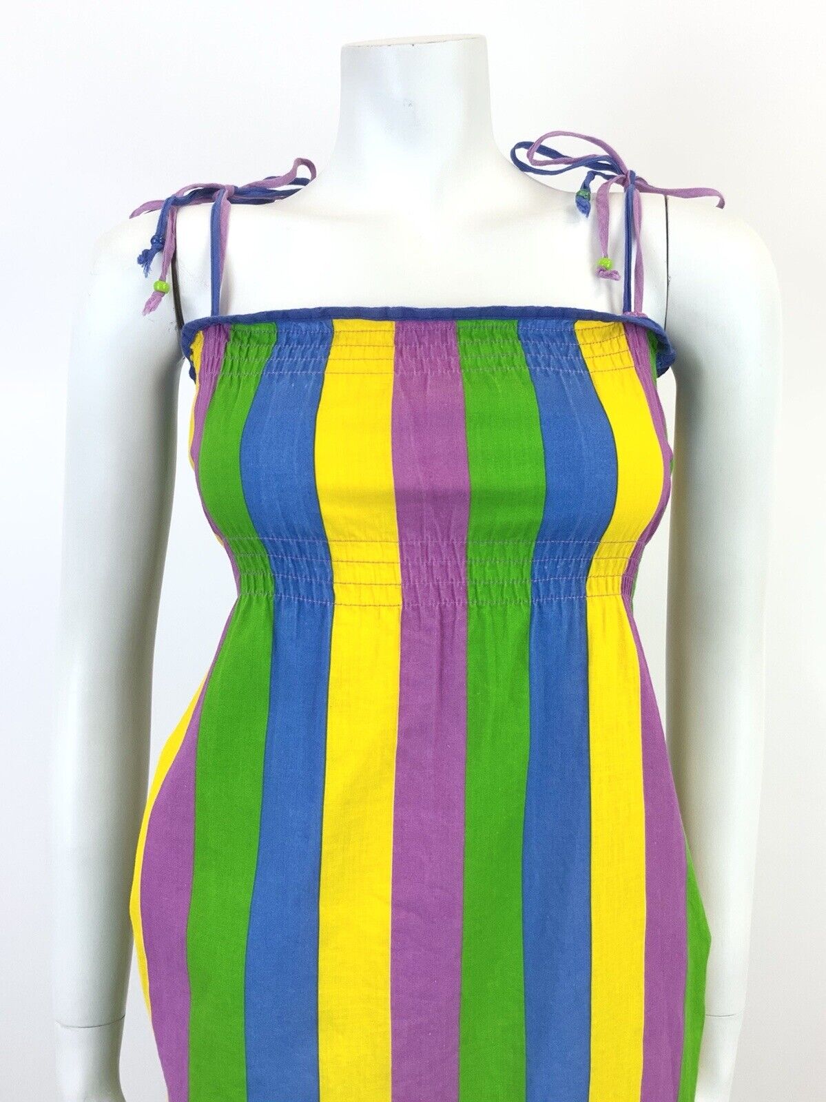 VINTAGE 70s 80s GREEN BLUE YELLOW PURPLE STRIPED STRAPPY SUMMER DRESS 10 12