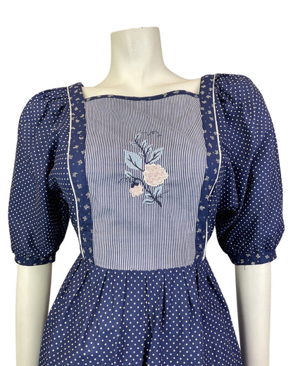 VINTAGE 70s BLUE WHITE PINK POLKA-DOT FLORAL EMBROIDERED BOHO PRAIRIE DRESS 8